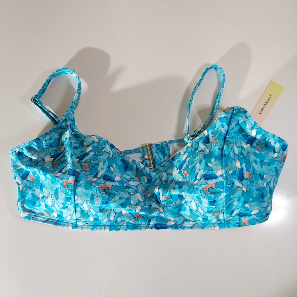 SUMMERSALT Turquoise Coral/White Abstract Print Padded Bikini Top WM Size 16 NWT